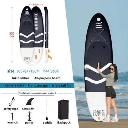 purpose inflatable paddleboard (305×84×15cm, 180kg load) includes a camera base, front storage, triple fins, and a full accessory set (safety rope, fin, wrench, pump, paddle, backpack) for instant water fun.